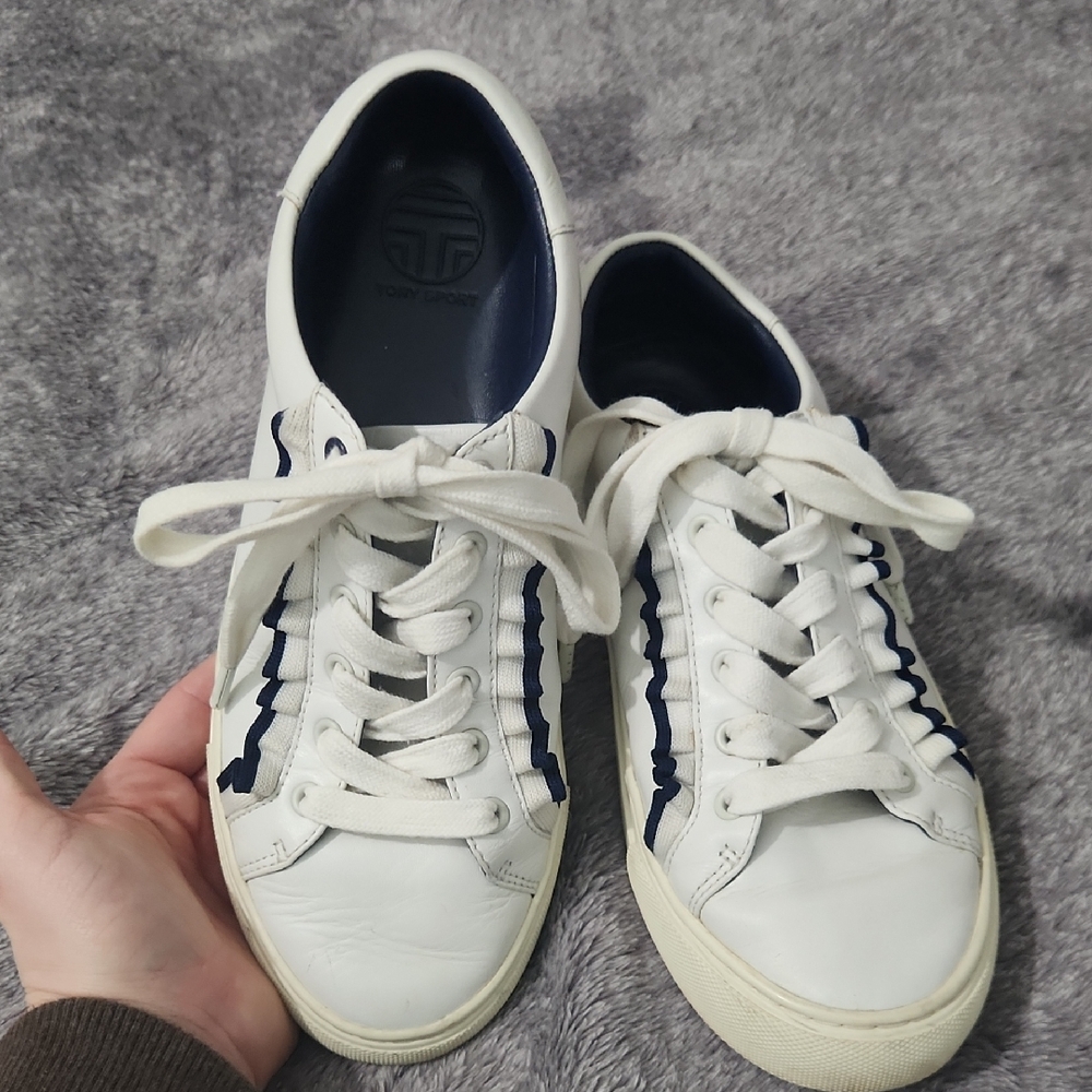 Tory Burch White Leather Sneakers with Navy Accents